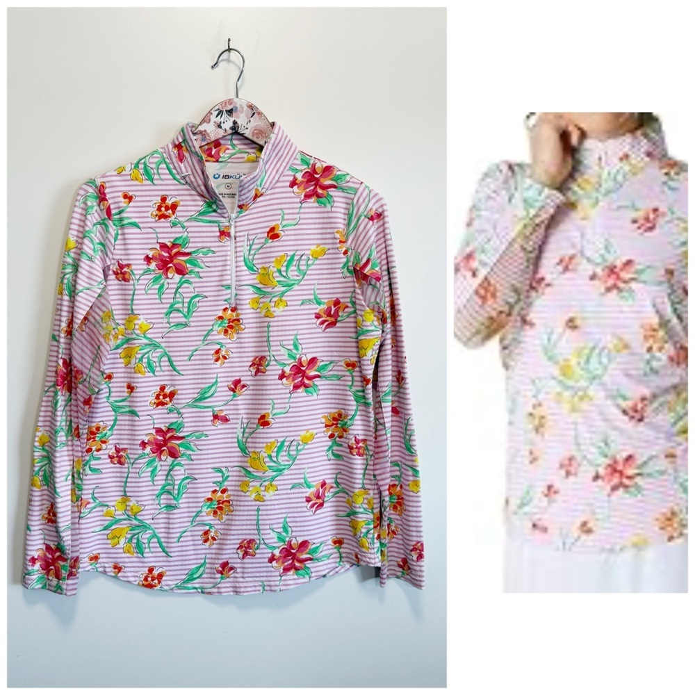 IBKUL Joanna UPF 50+ Shirt Floral Striped Long Sleeve 1/2 Zip Pink Top Medium M